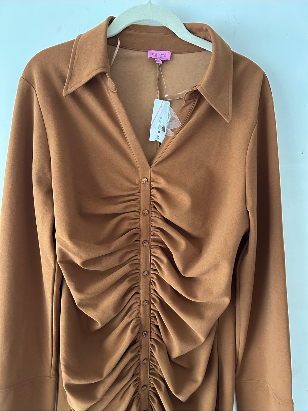 miami Ruched Front Button-Down Shirt in Camel Brown